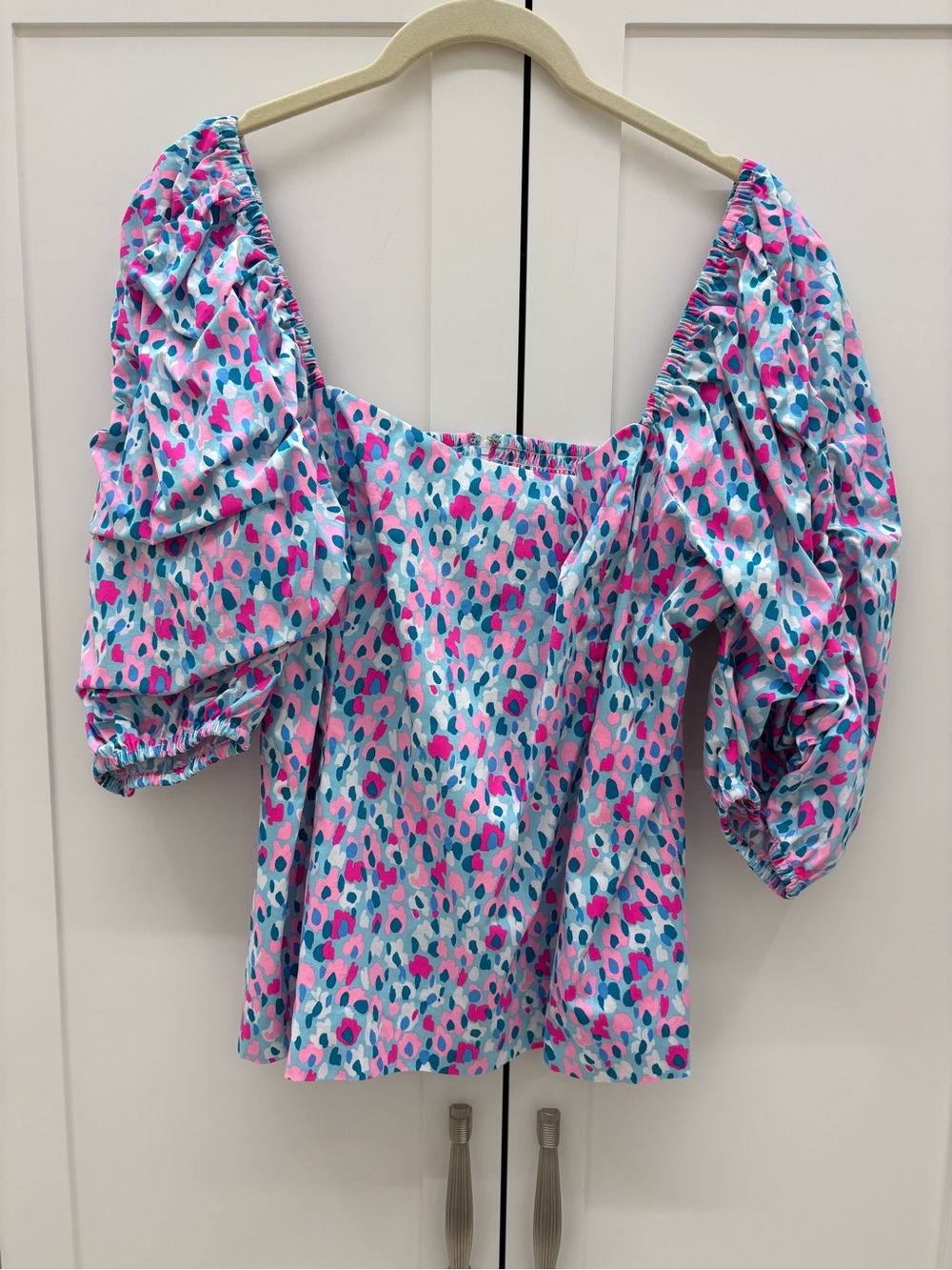 Lilly Pulitzer Pink & Blue Puff-Sleeve Square Neck Top